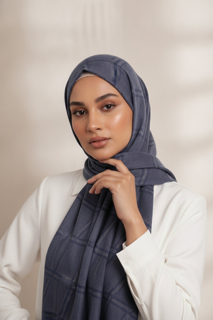 Grid Patterned Cashmere - Ink Blue