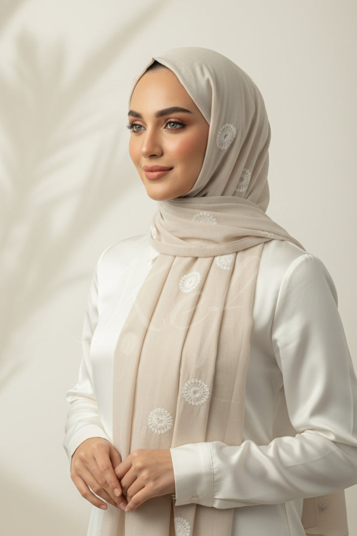 Circle Embroidery Lawn - Beige