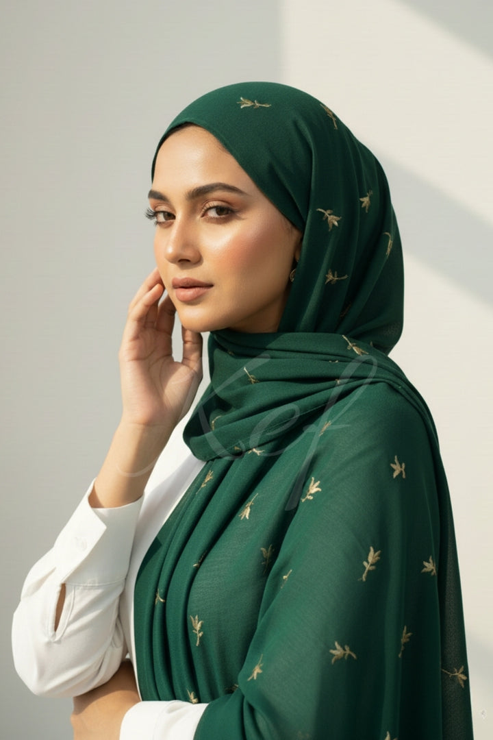 Grace Embroidery Lawn Hijab - Dark Green