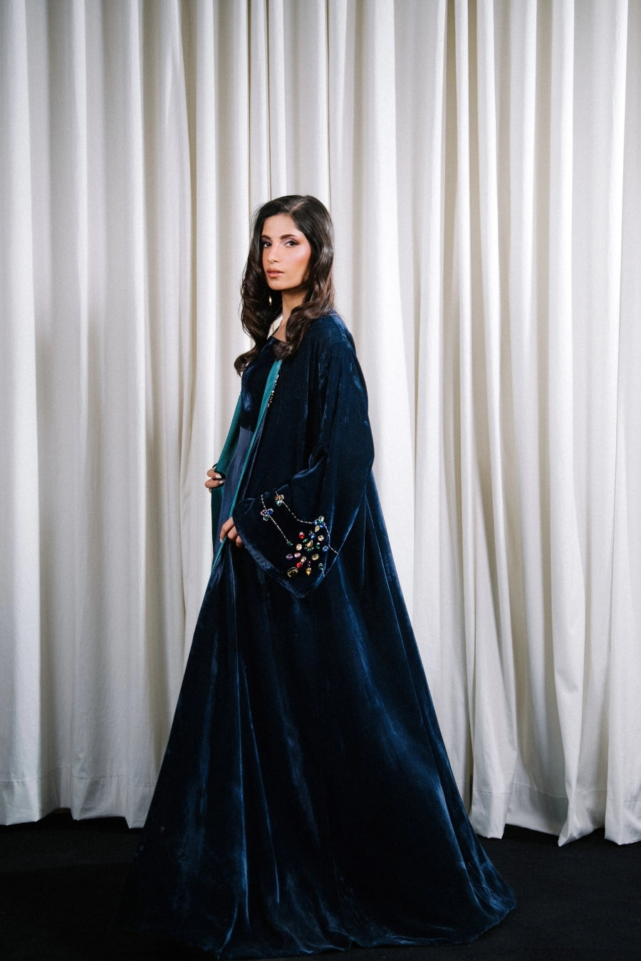 Crystal-Embellished Velvet Abaya Gown