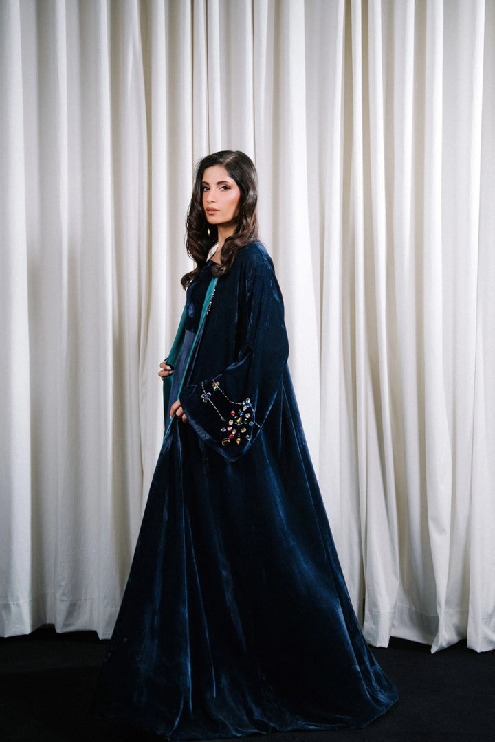 Crystal-Embellished Velvet Abaya Gown