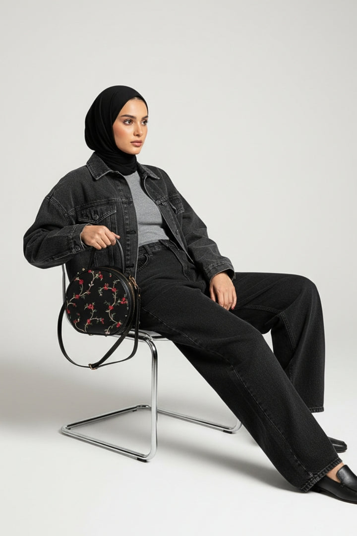 Round Leather Embroidered Dark Brown Bag