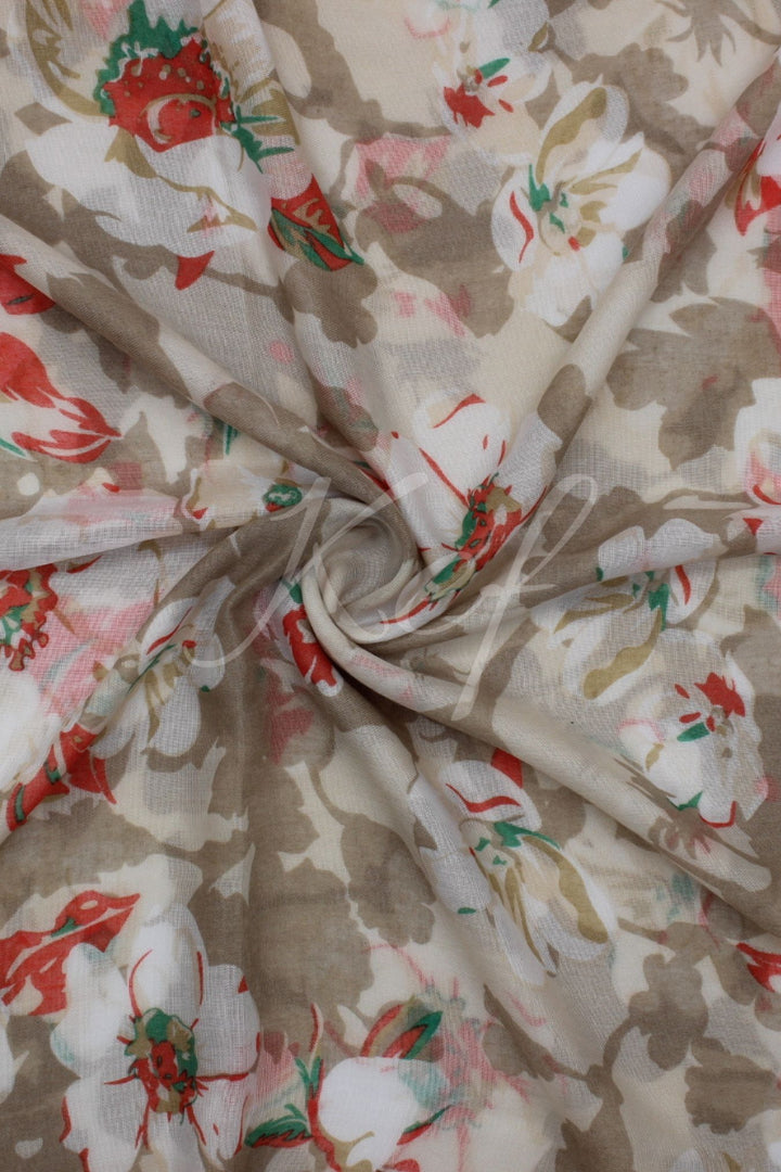 Printed Floral Lawn Hijab - Beige