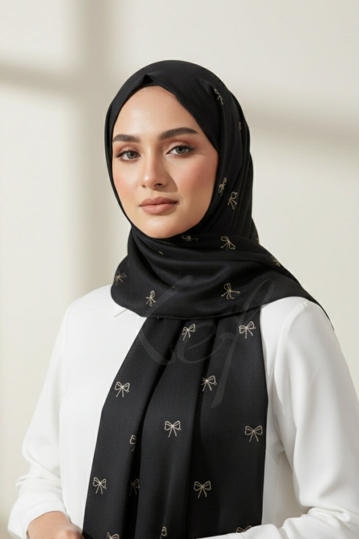 Bow Embroidery Lawn Hijab - Black