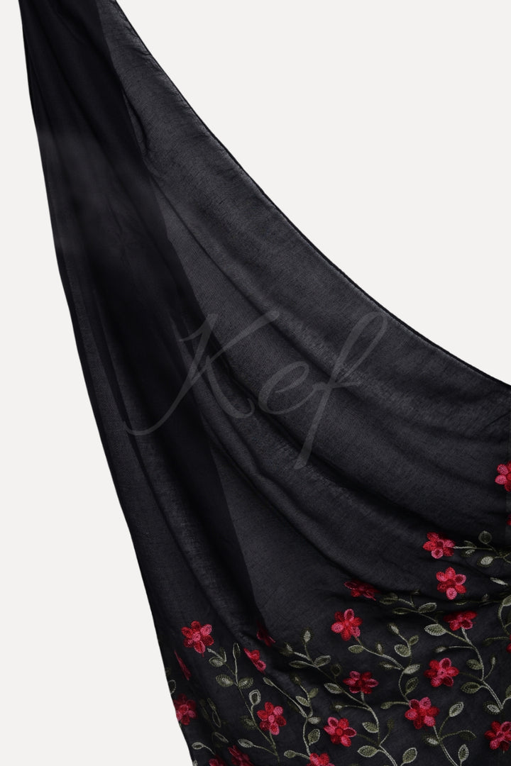 Viola Embroidery Lawn Hijab - Black