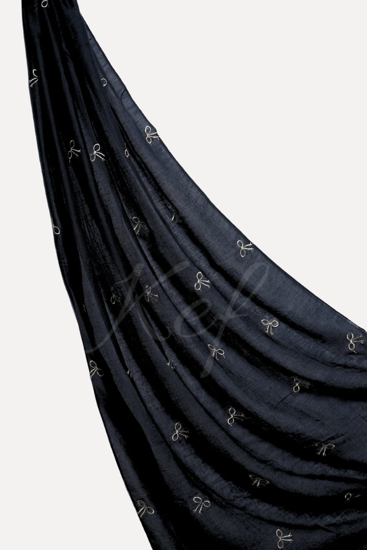 Bow Embroidery Lawn Hijab - Black