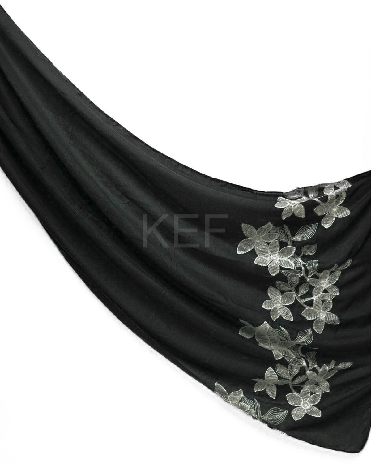 Flower Embroidery Lawn Hijab - Black