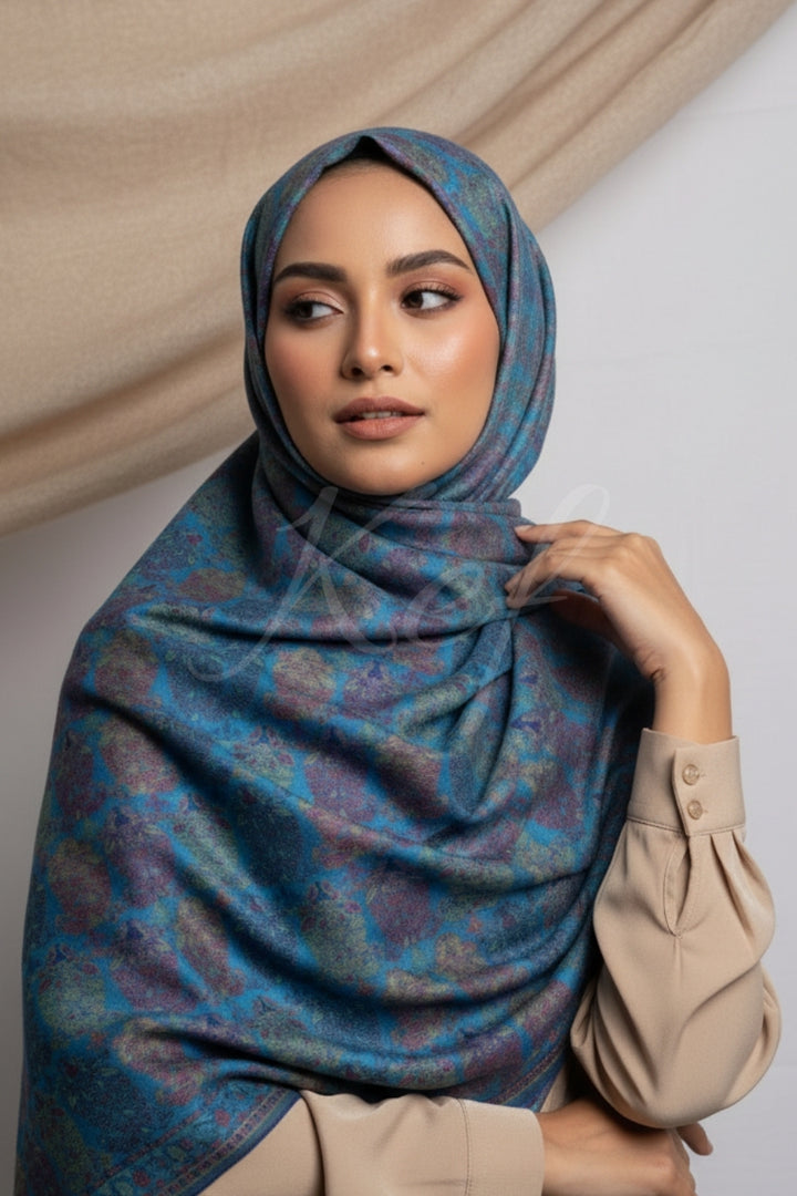 Printed Cashmere Echo Hijab - Blue Ash Bloom