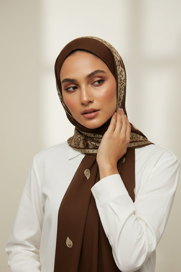 Fine Stripe Embroidery Lawn Hijab - Brunette