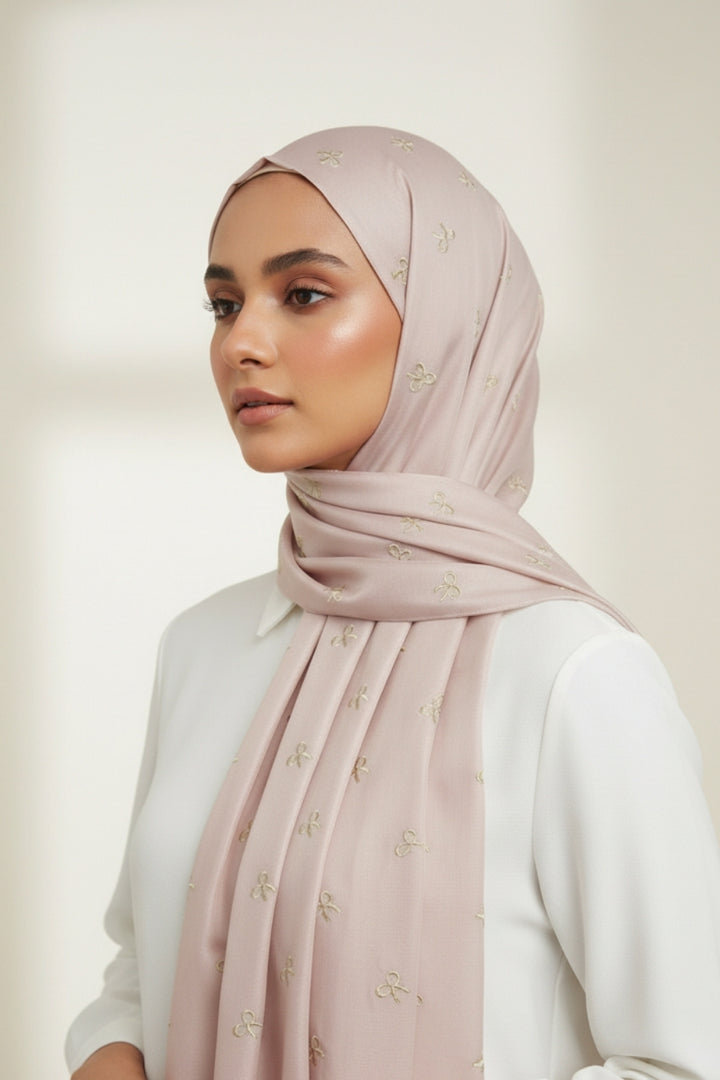 Bow Embroidery Lawn Hijab - Crepe