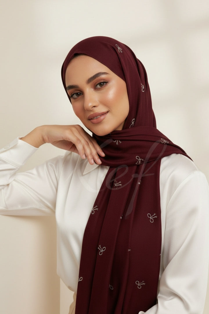 Bow Embroidery Lawn Hijab - Cape Mortuum