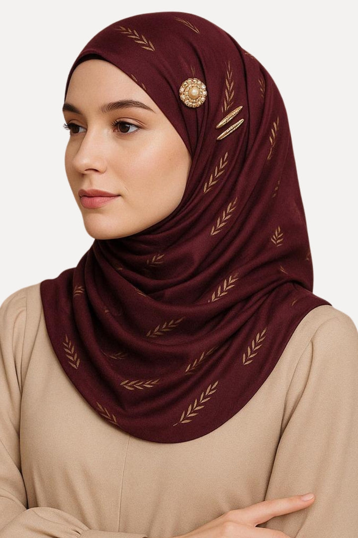 Golden Foil Lawn Hijab - Cape Mortuum
