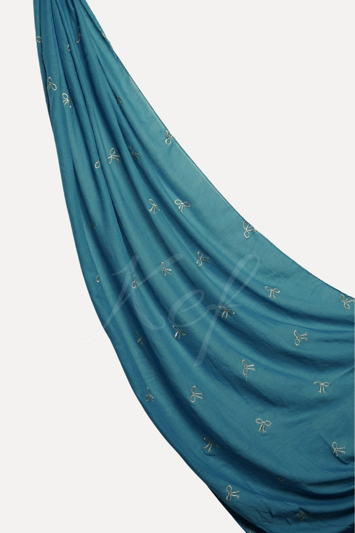 Bow Embroidery Lawn Hijab - Cerulean