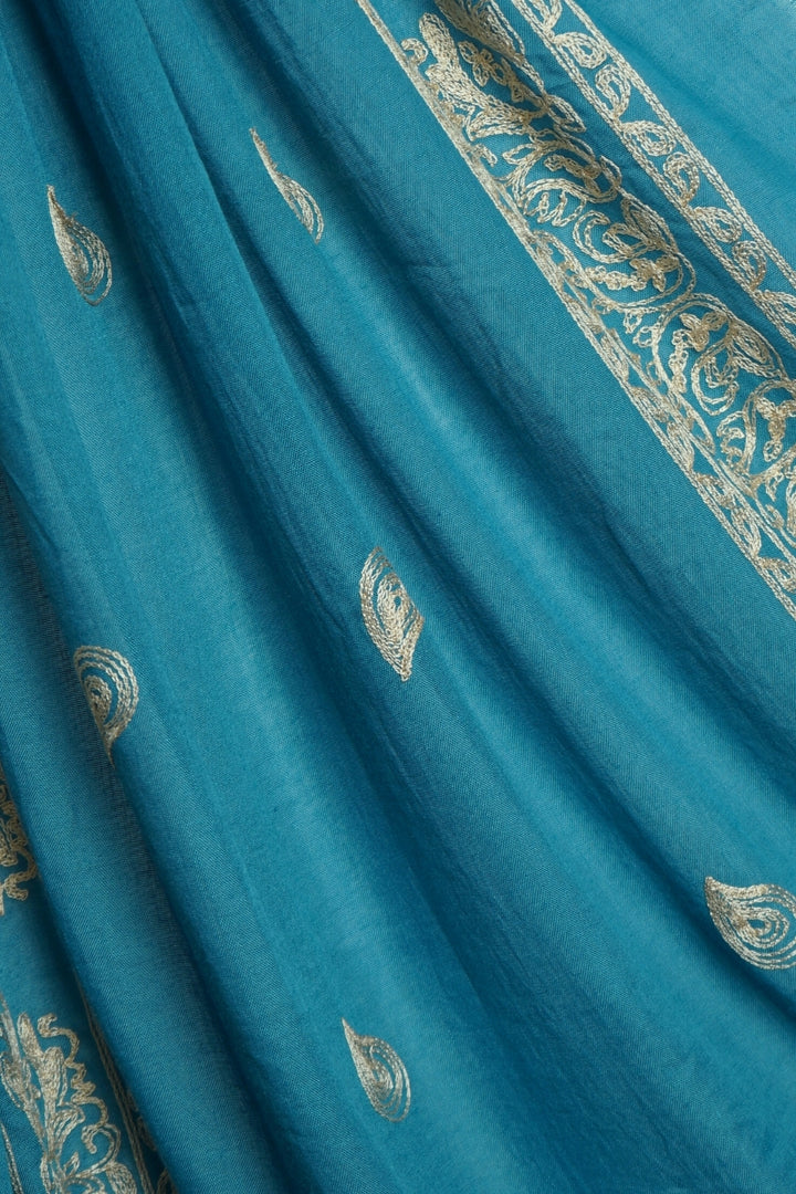 Fine Stripe Embroidery Lawn Hijab - Cerulean
