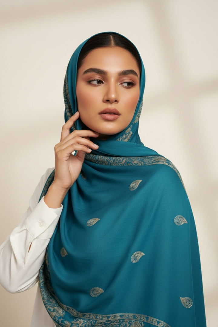 Fine Stripe Embroidery Lawn Hijab - Cerulean