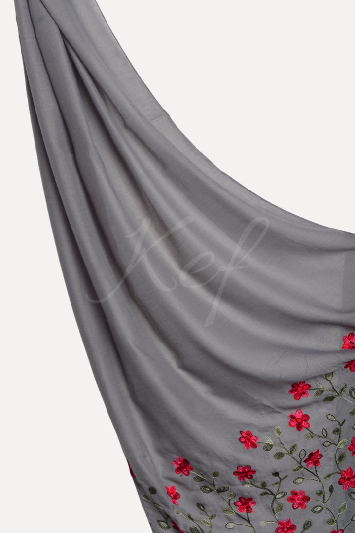 Viola Embroidery Lawn Hijab - Charcoal Grey