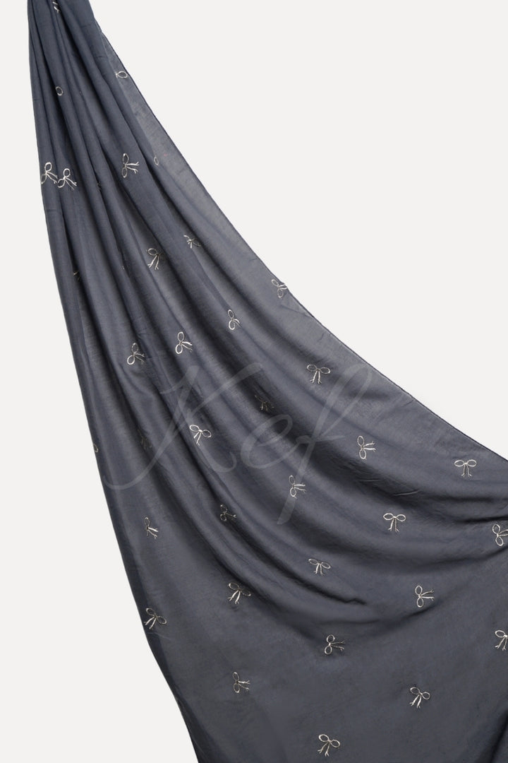 Bow Embroidery Lawn Hijab - Charcoal Grey