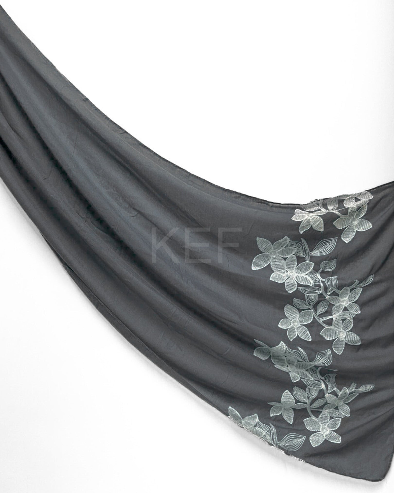 Flower Embroidery Lawn Hijab - Charcoal Grey