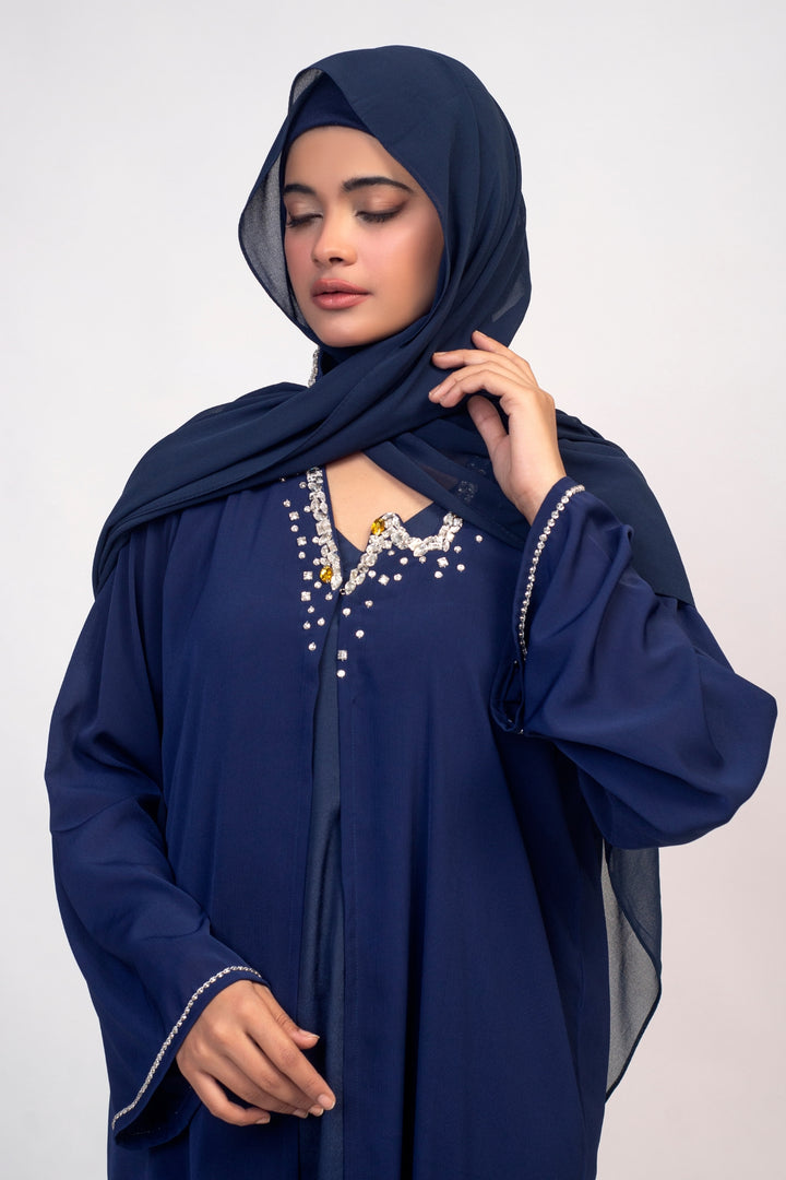 Crystal Embroidered Blue Abaya