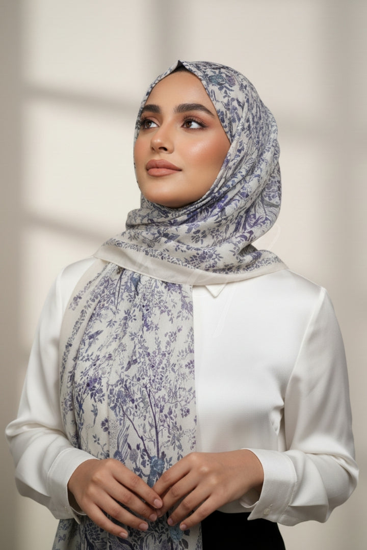 Printed Floral Lawn Hijab - Cloud Petal