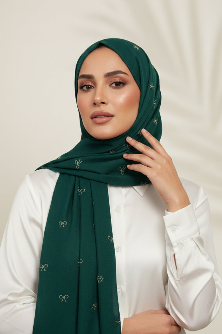 Bow Embroidery Lawn Hijab - Dark Green