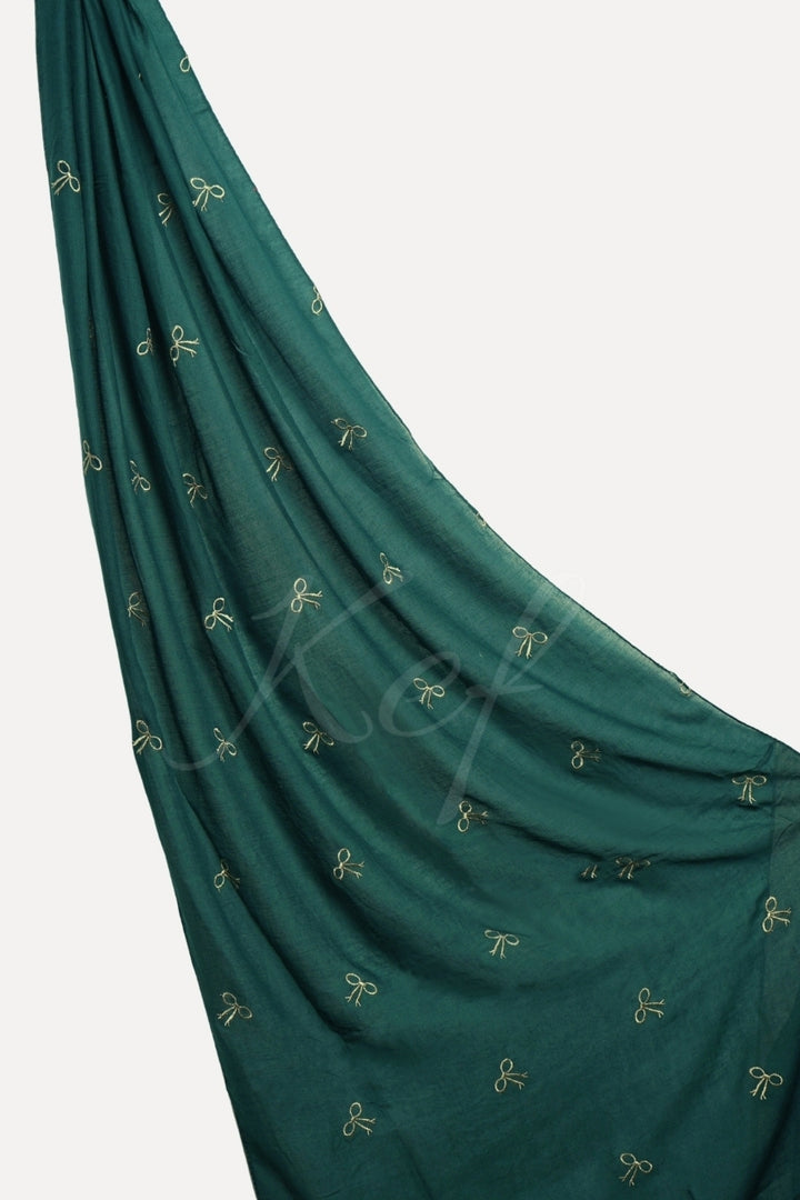 Bow Embroidery Lawn Hijab - Dark Green
