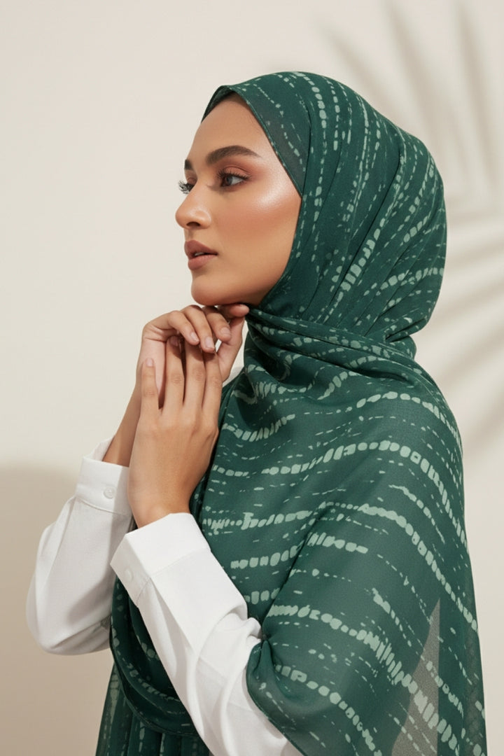 Tiedye Print Chiffon Hijab - Dark Green