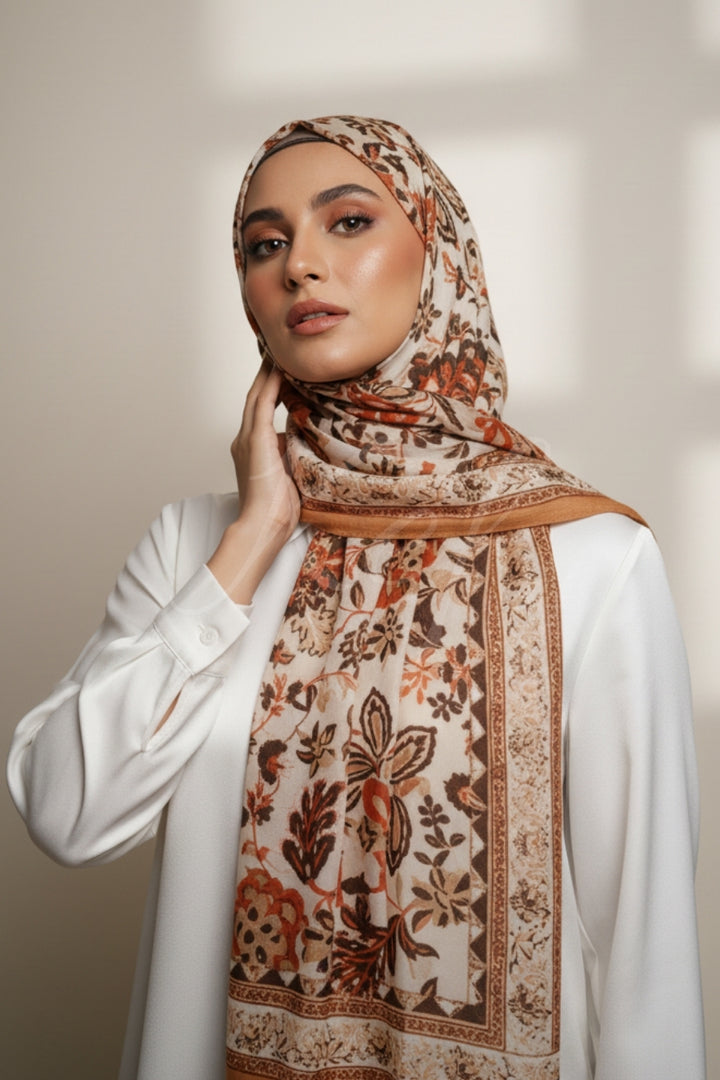 Printed Floral Lawn Hijab - Driftwood