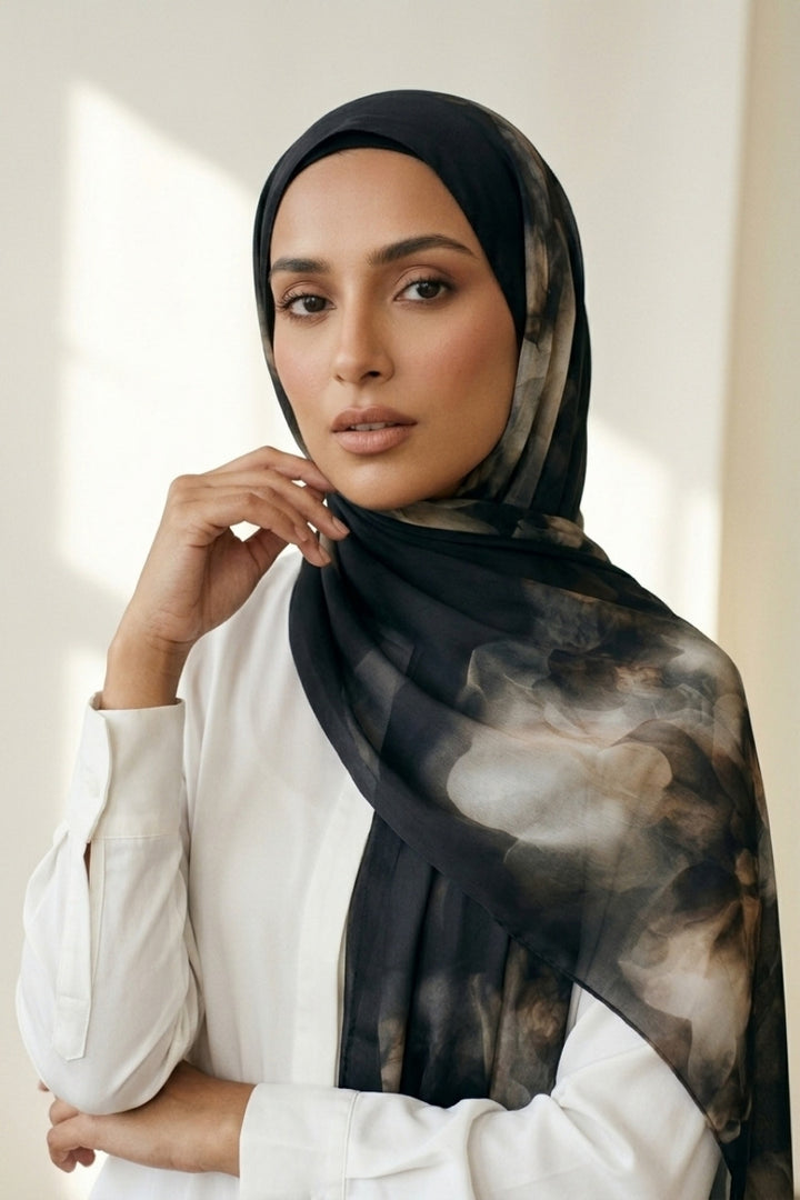 Floral Printed Chiffon Hijab - Floral Black