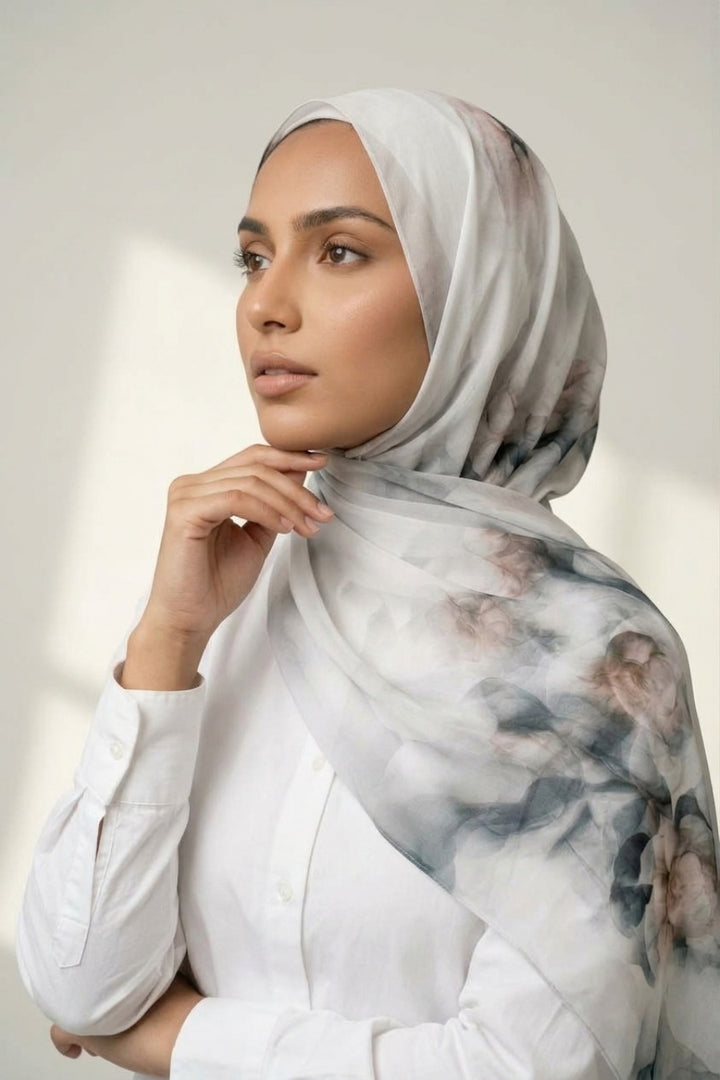 Floral Printed Chiffon Hijab - Floral Silver