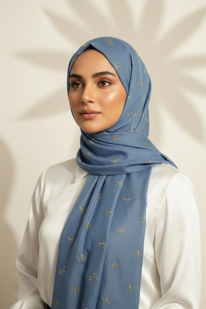 Bow Embroidery Lawn Hijab - Ice Blue