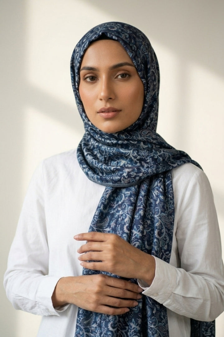 Printed Cashmere Dynasty Hijab - Indigo