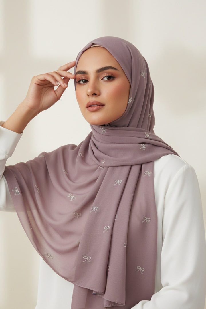 Bow Embroidery Lawn Hijab - Lavender