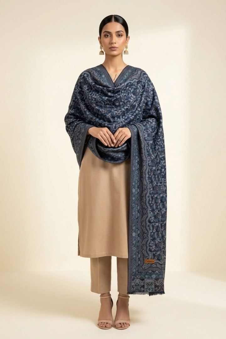 Printed Cashmere Shawl - Midnight Blue