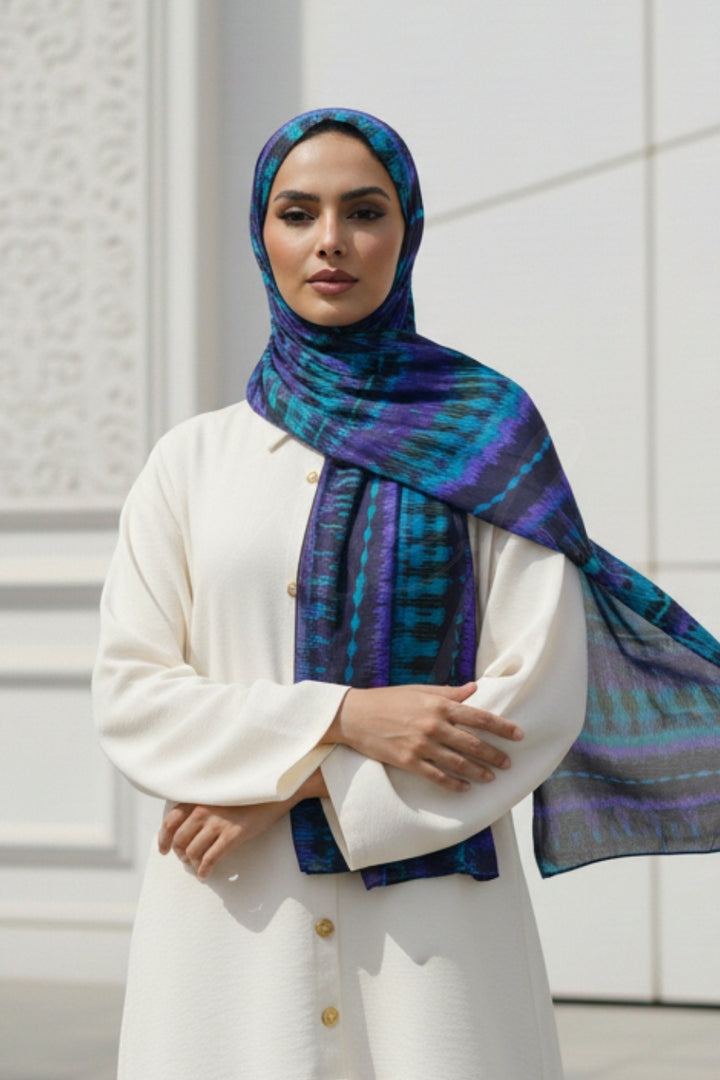 Printed Silk Hijab - Midnight Cascade