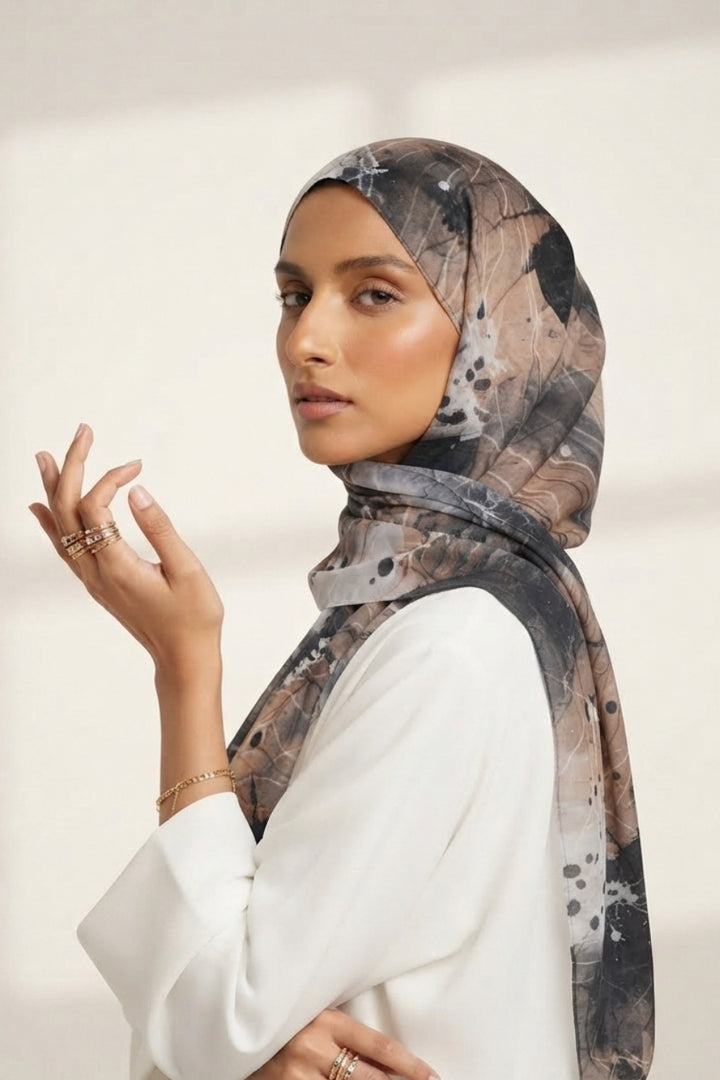 Printed Viscose Modal Hijab - Mocha Noir