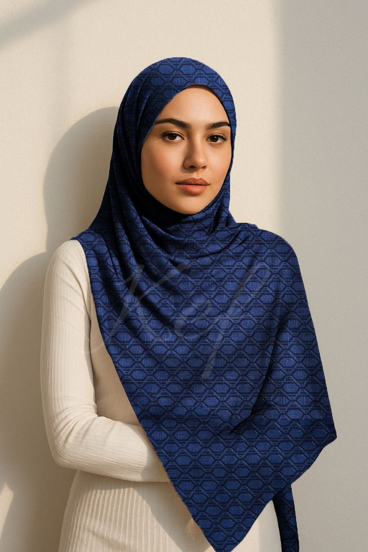 Grid Printed Lawn - Navy Blue