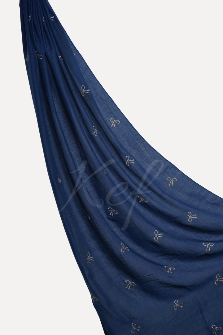 Bow Embroidery Lawn Hijab - Navy Blue