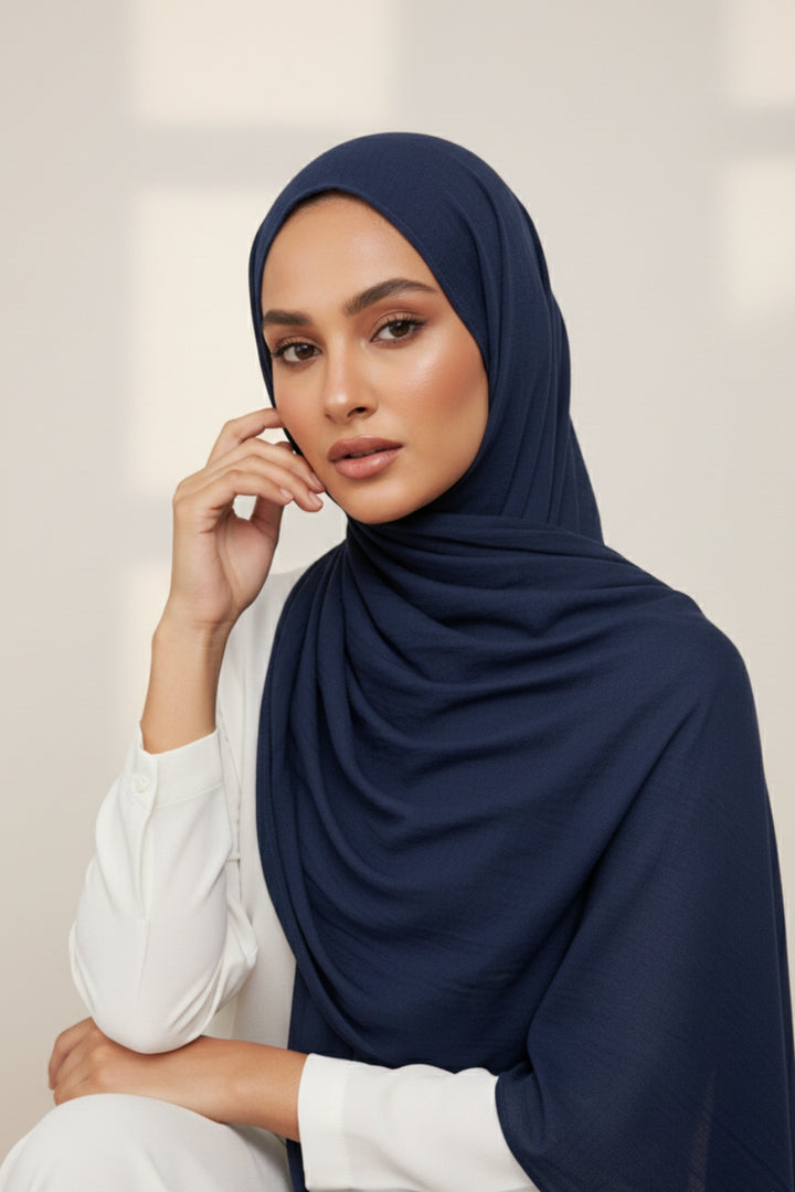 Soft Crumpled Lawn Hijab - Navy Blue