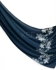 Flower Embroidery Lawn Hijab - Navy Blue