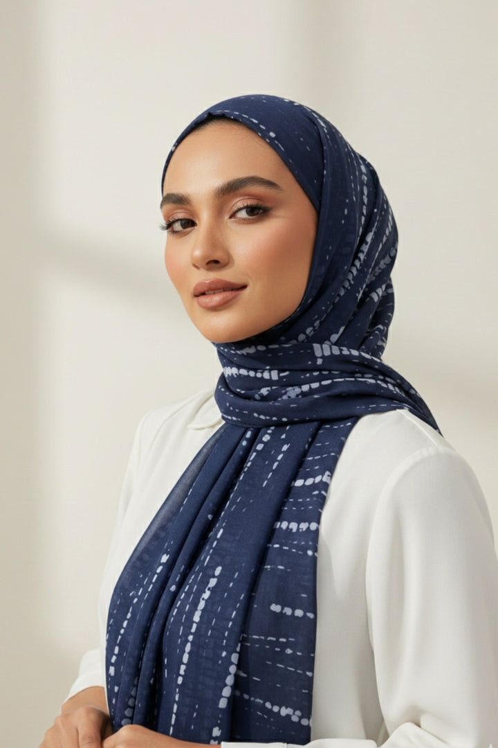Tiedye Print Chiffon Hijab - Navy Blue