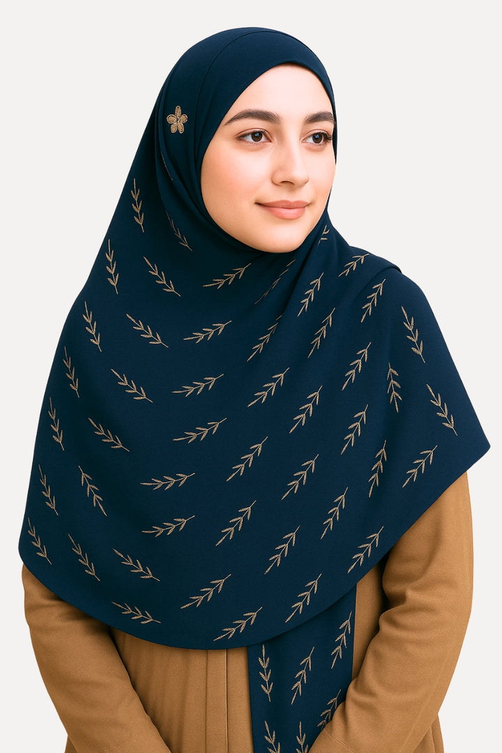 Golden Foil Lawn Hijab - Navy Blue