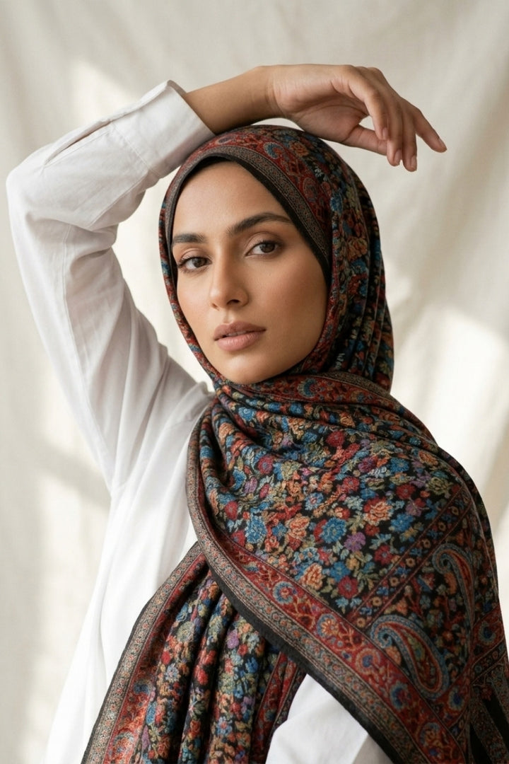 Printed Cashmere Legacy Hijab - Noir Bloom