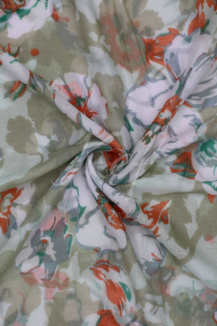 Printed Floral Lawn Hijab - Olive