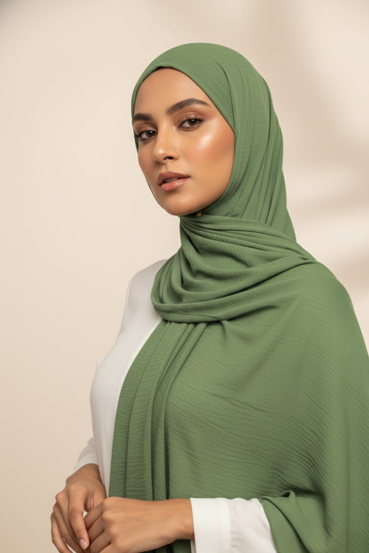 Soft Crumpled Lawn Hijab - Olive Green
