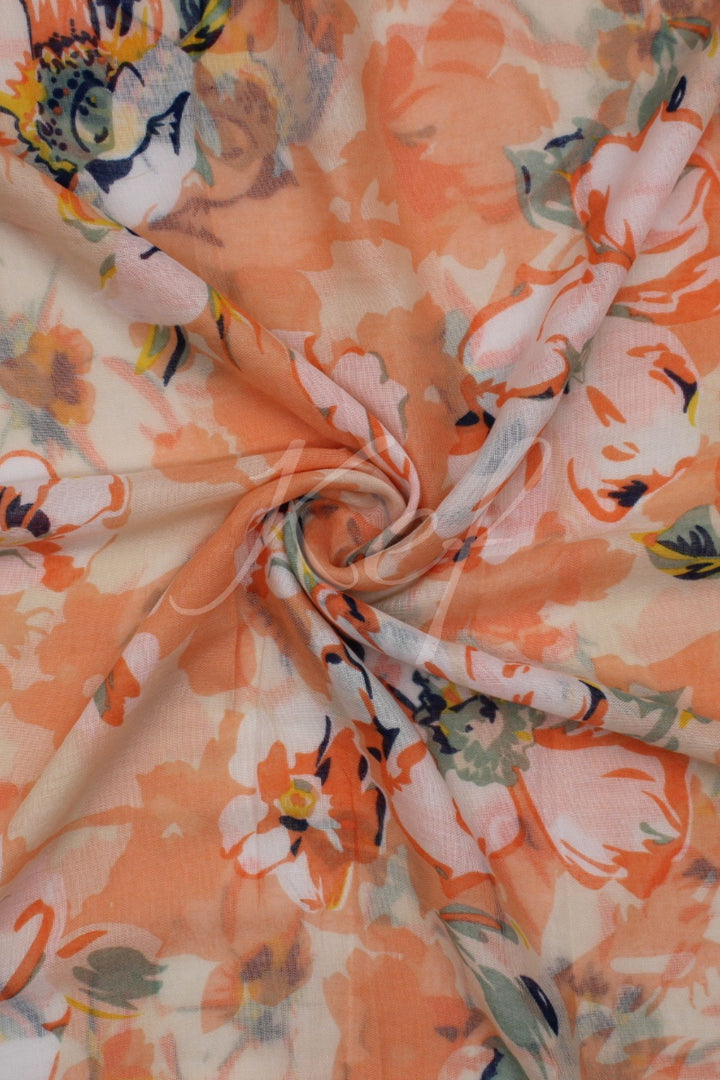 Printed Floral Lawn Hijab - Orange