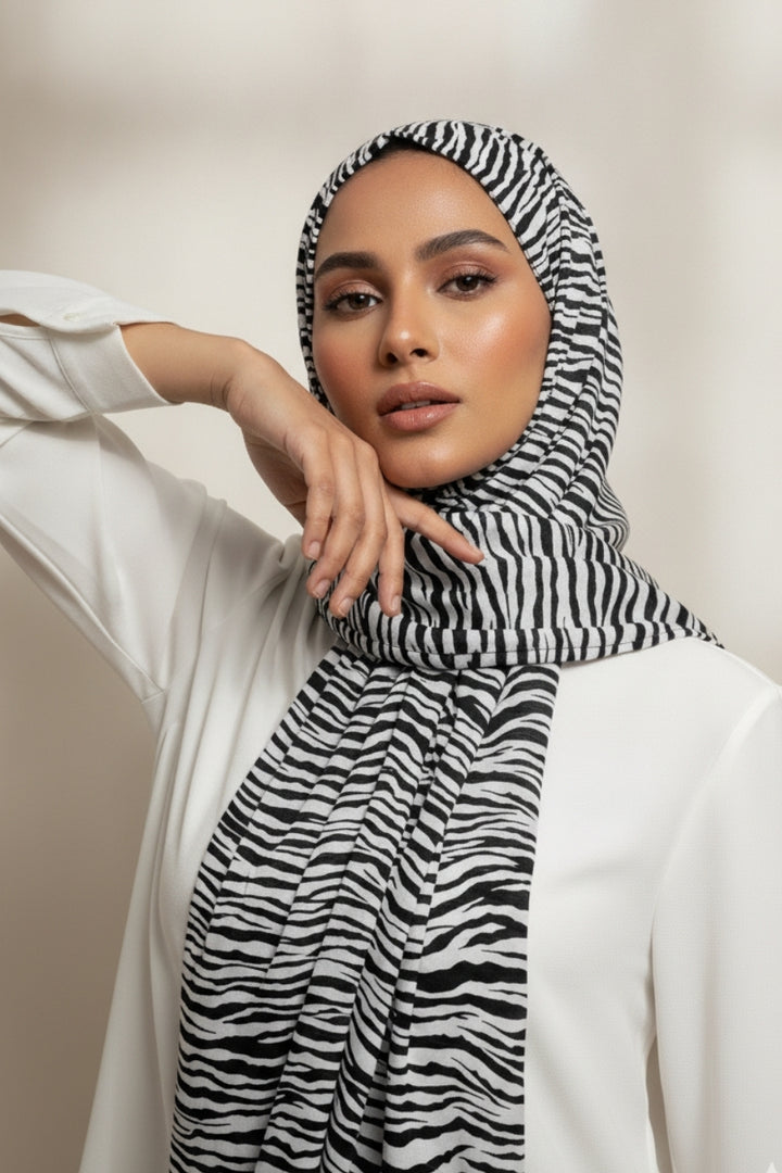 Printed Silk Hijab - Monochrome Mirage