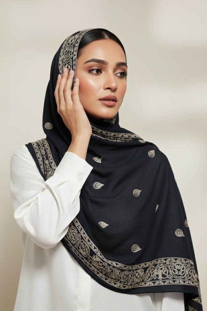 Fine Stripe Embroidery Lawn Hijab - Raven