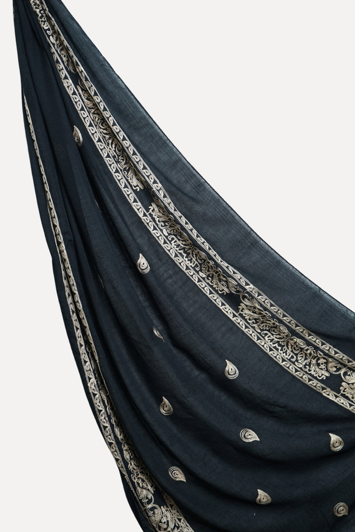 Fine Stripe Embroidery Lawn Hijab - Raven