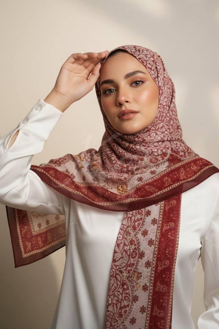 Printed Floral Lawn Hijab - Ruby Glow